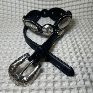 Tony Lama Mens 34 Black Leather Western Concho Belt Silver Engraved Buckle 9023L